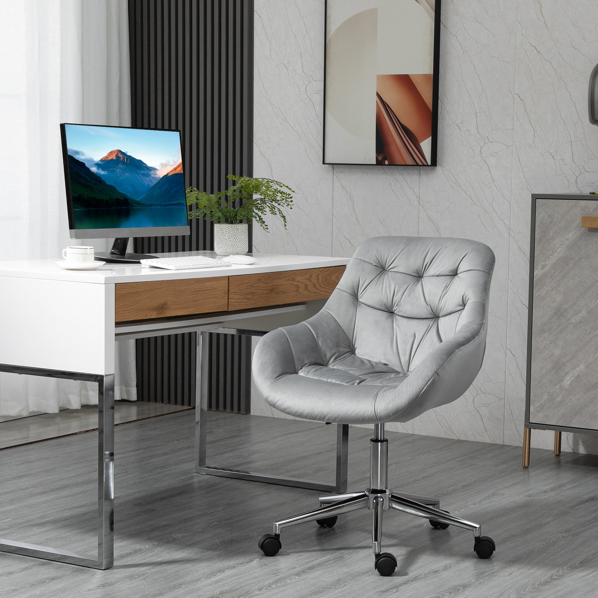 Vinsetto Home Office Chair Velvet Ergonomic Computer Chair Comfy Desk Chair With Adjustable Height, Arm And Back Support, Grey