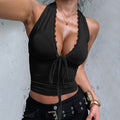 Women's Solid Color Halter Top With Lace Trim