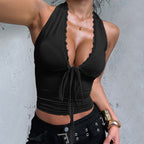 Women's Solid Color Halter Top With Lace Trim