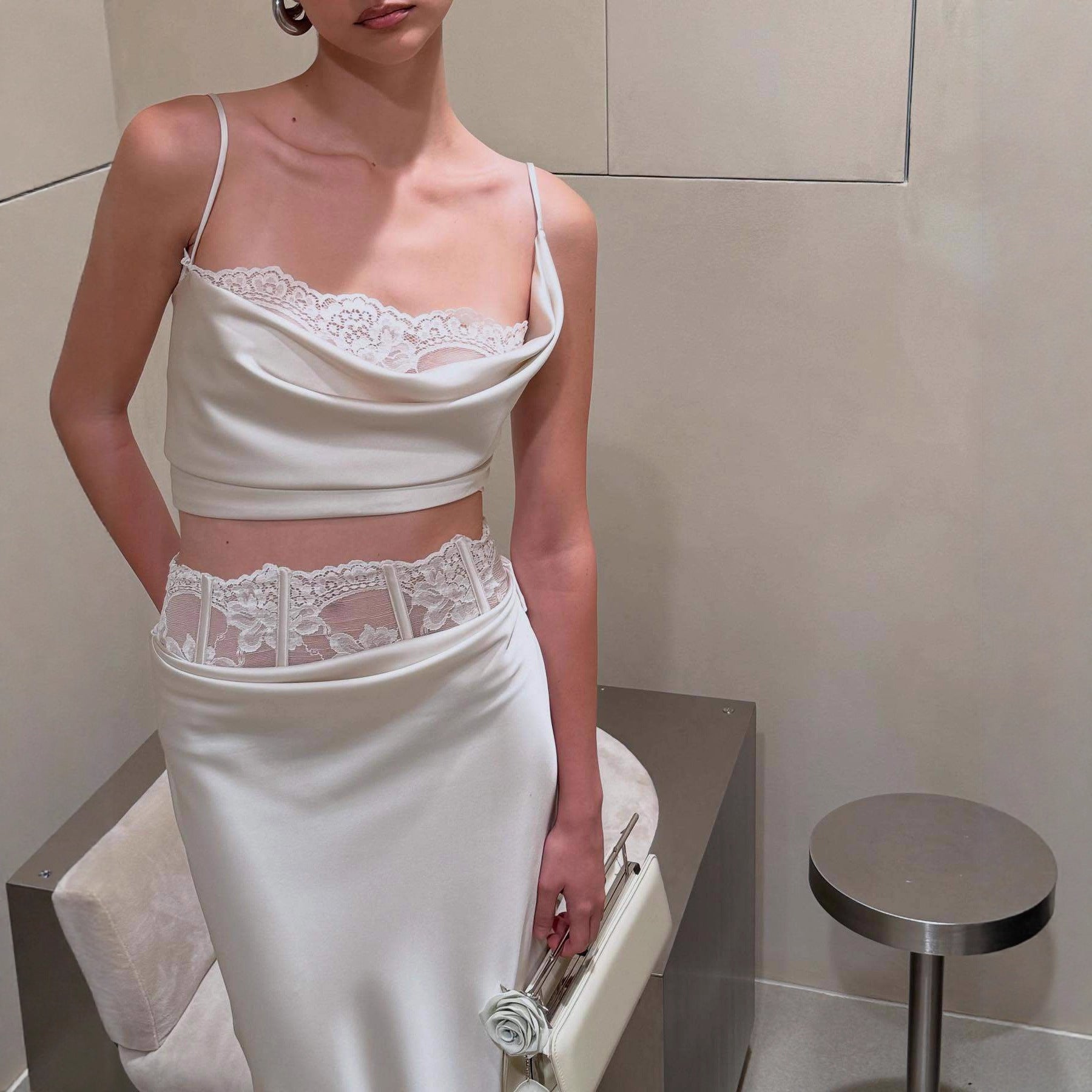 Women's New Fashion Sexy Lace Trim Satin Pencil Skirt