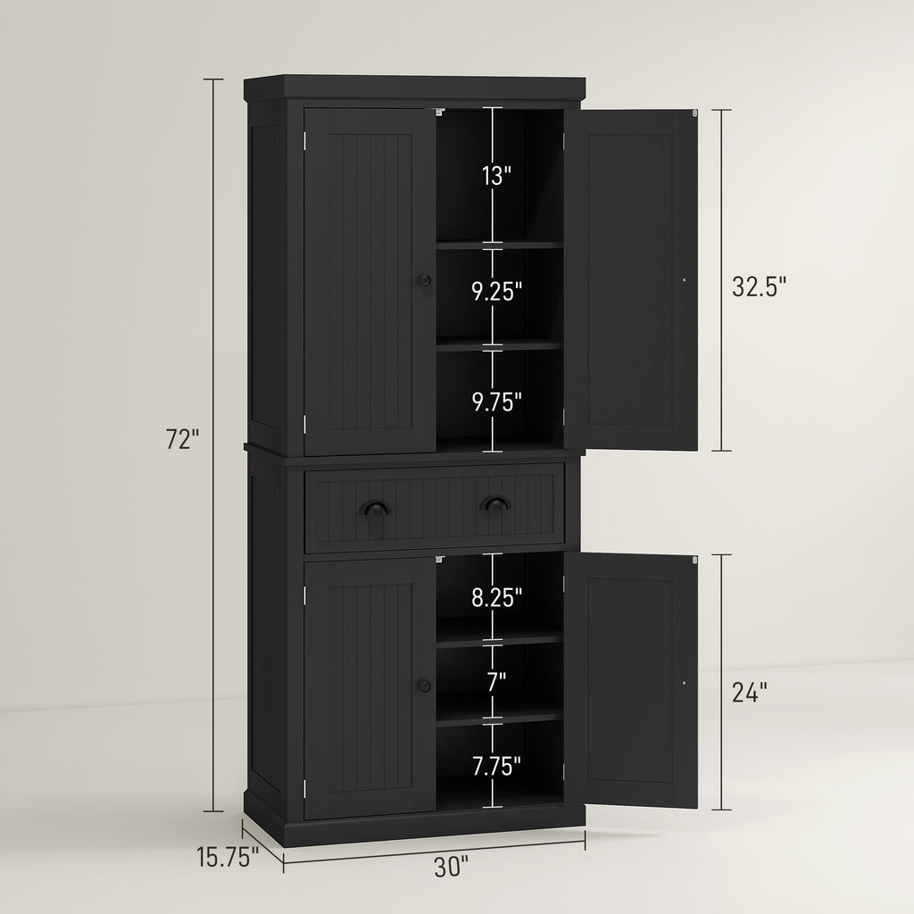 72" Kitchen Pantry Storage Cabinet, Cupboard with 4 Doors and 3 Adjustable Shelves, Large Central Drawer, Black