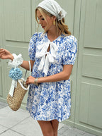 Floral-print Bow-detailed Dress A Stylish Elegant High-waisted Relaxed-fit Mini Skirt