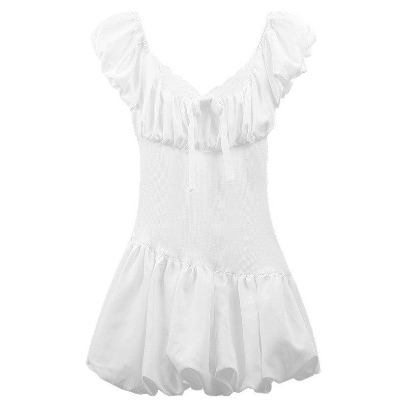 Womens French-style Bow-tie White Puff-sleeve Dress