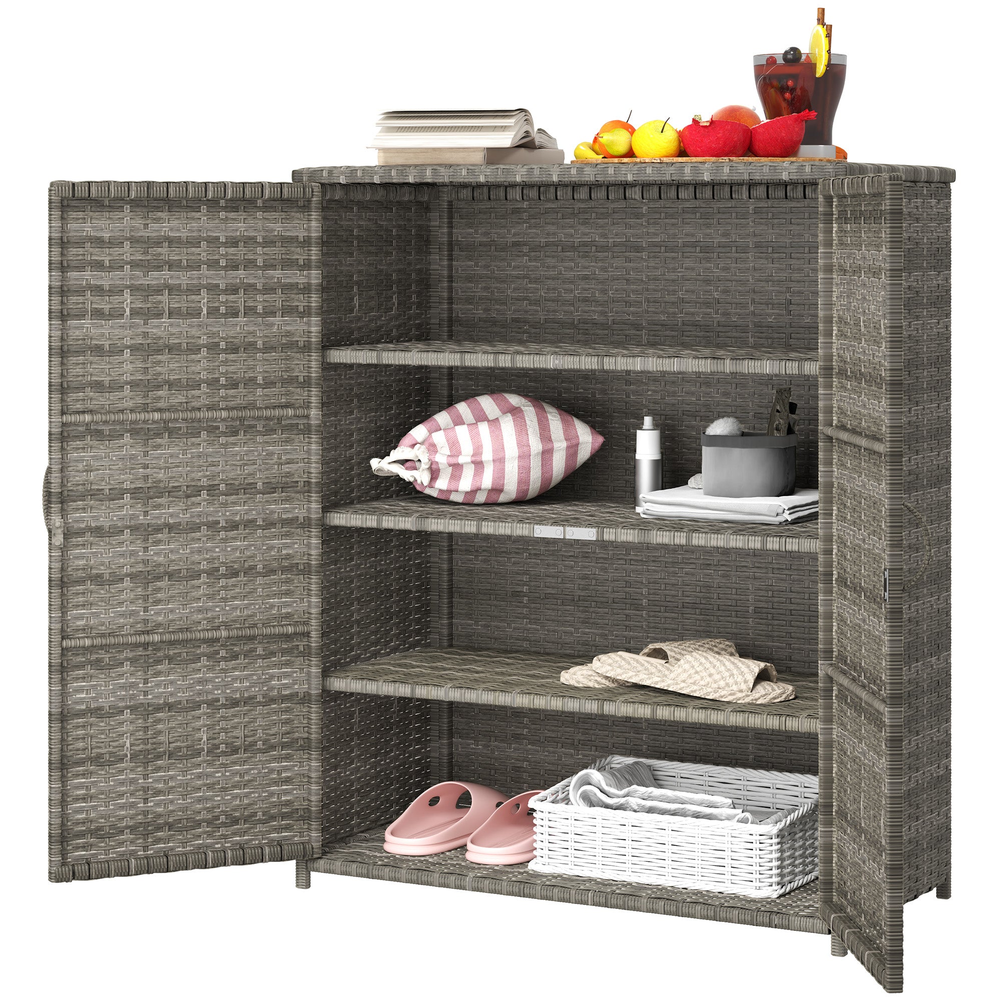 Rattan Wicker Outdoor Storage Cabinet with 4 Shelves and 2 Doors for Garden Pool Towel Storage, Mixed Gray