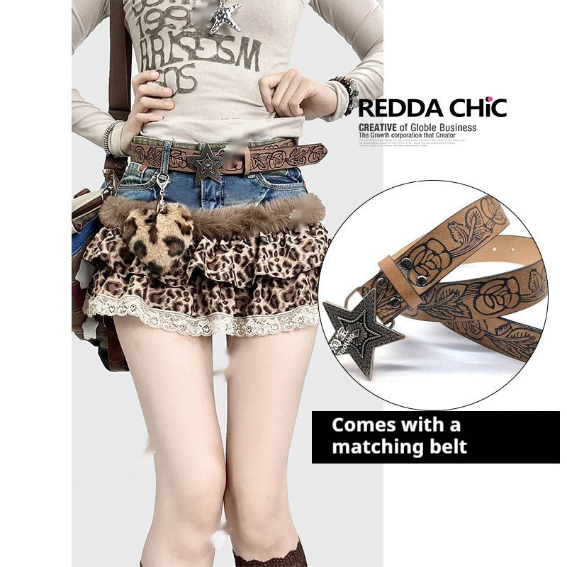 American Retro Y2K Chic Girls Cake-Style Leopard-Print Patchwork Lace Denim Skirt