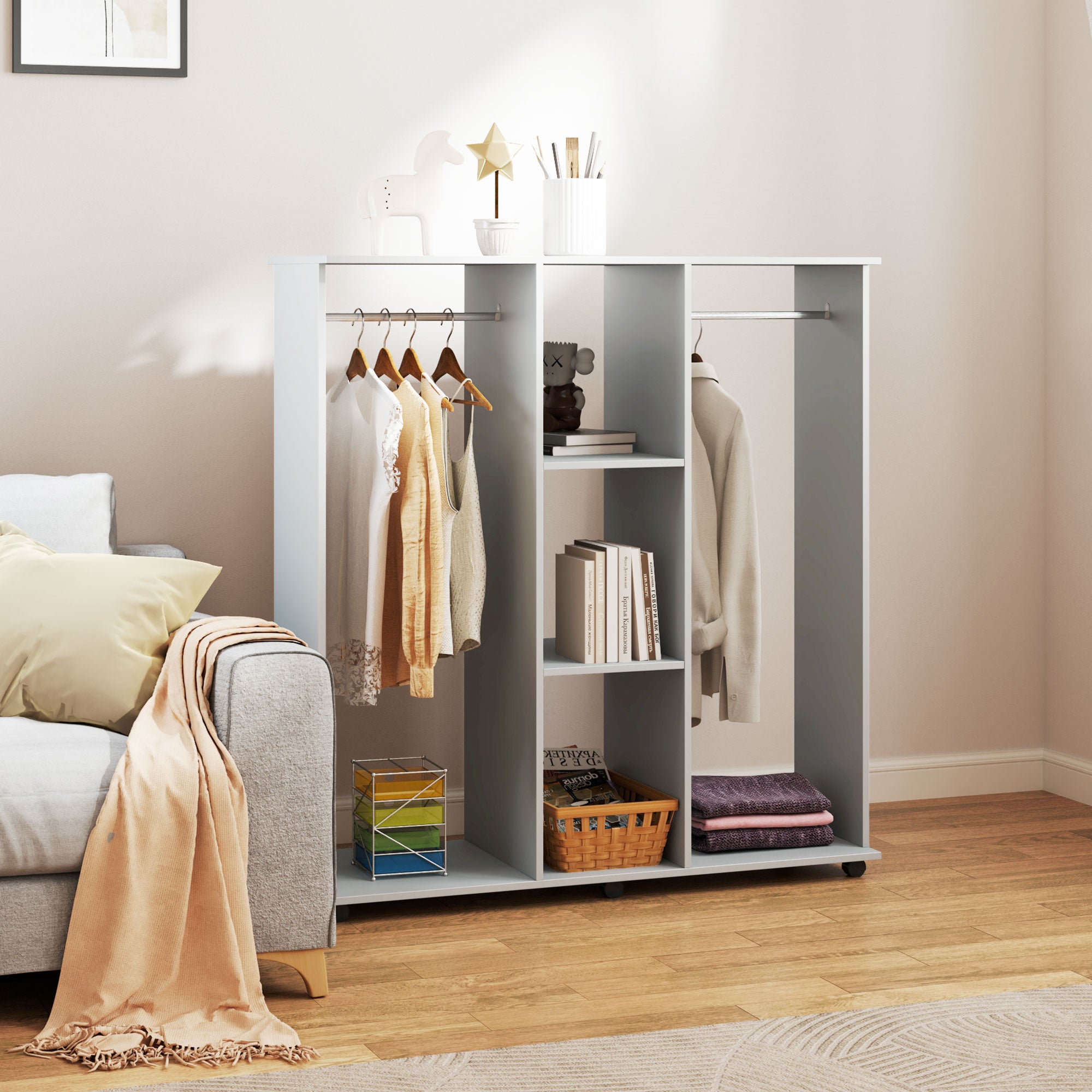 Open Wardrobe Double Mobile Storage Shelves Organizer W/6 Wheels-Grey