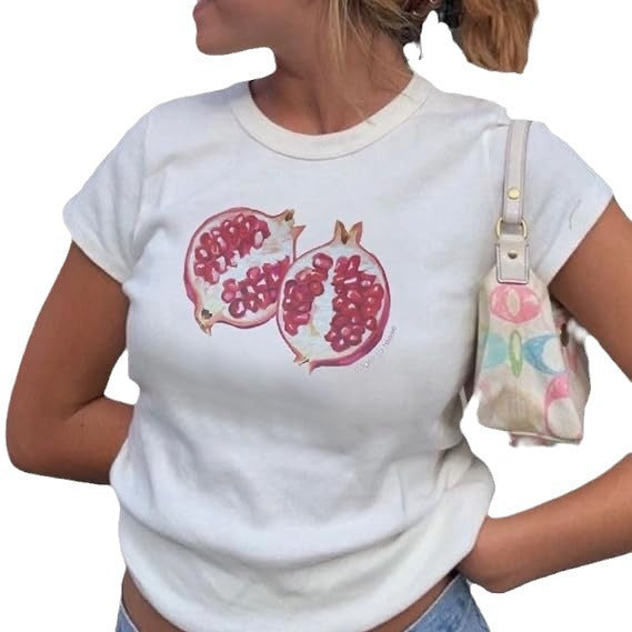 American Retro Crew Neck T-shirt Letter Print Navel