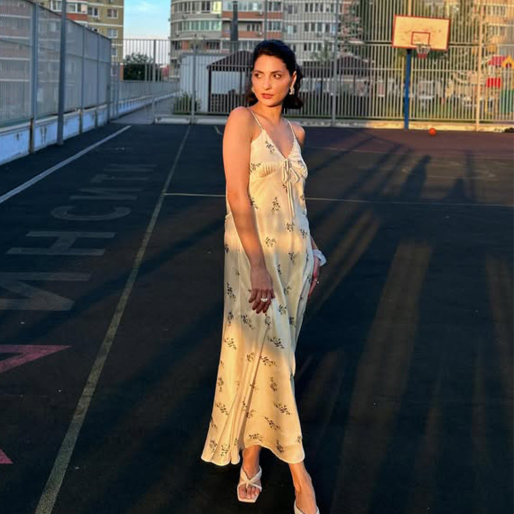 Womens European And American-style French Slip Dress With A Floral Print