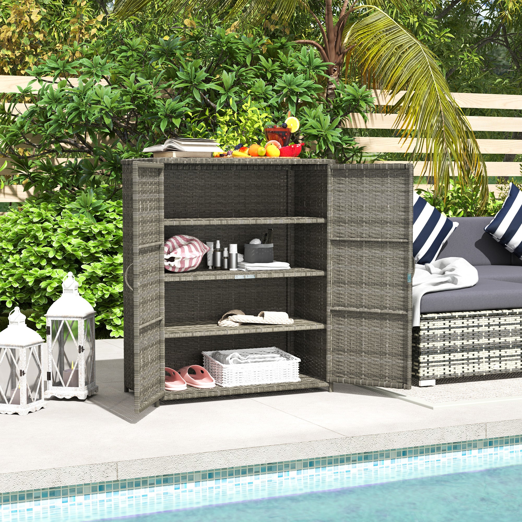 Rattan Wicker Outdoor Storage Cabinet with 4 Shelves and 2 Doors for Garden Pool Towel Storage, Mixed Gray