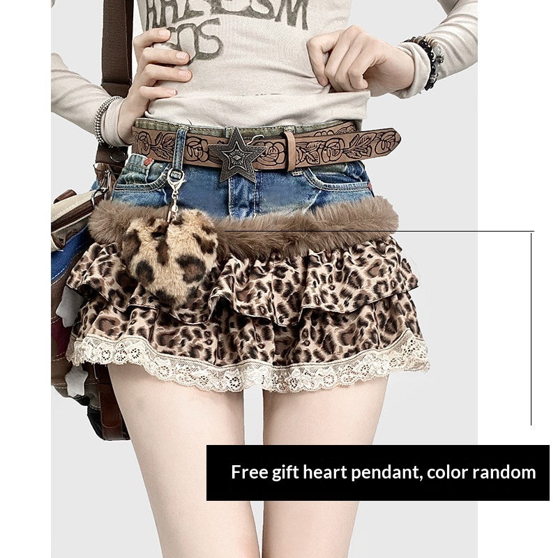 American Retro Y2K Chic Girls Cake-Style Leopard-Print Patchwork Lace Denim Skirt