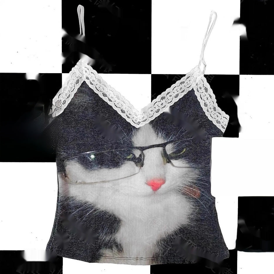 Casual Sassy Cropped V-neck Lace Patchwork Vest With A Cute Animal Print