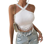 Women's Fringe Sexy Halter Top Summer New Design Short Sleeveless Shirt