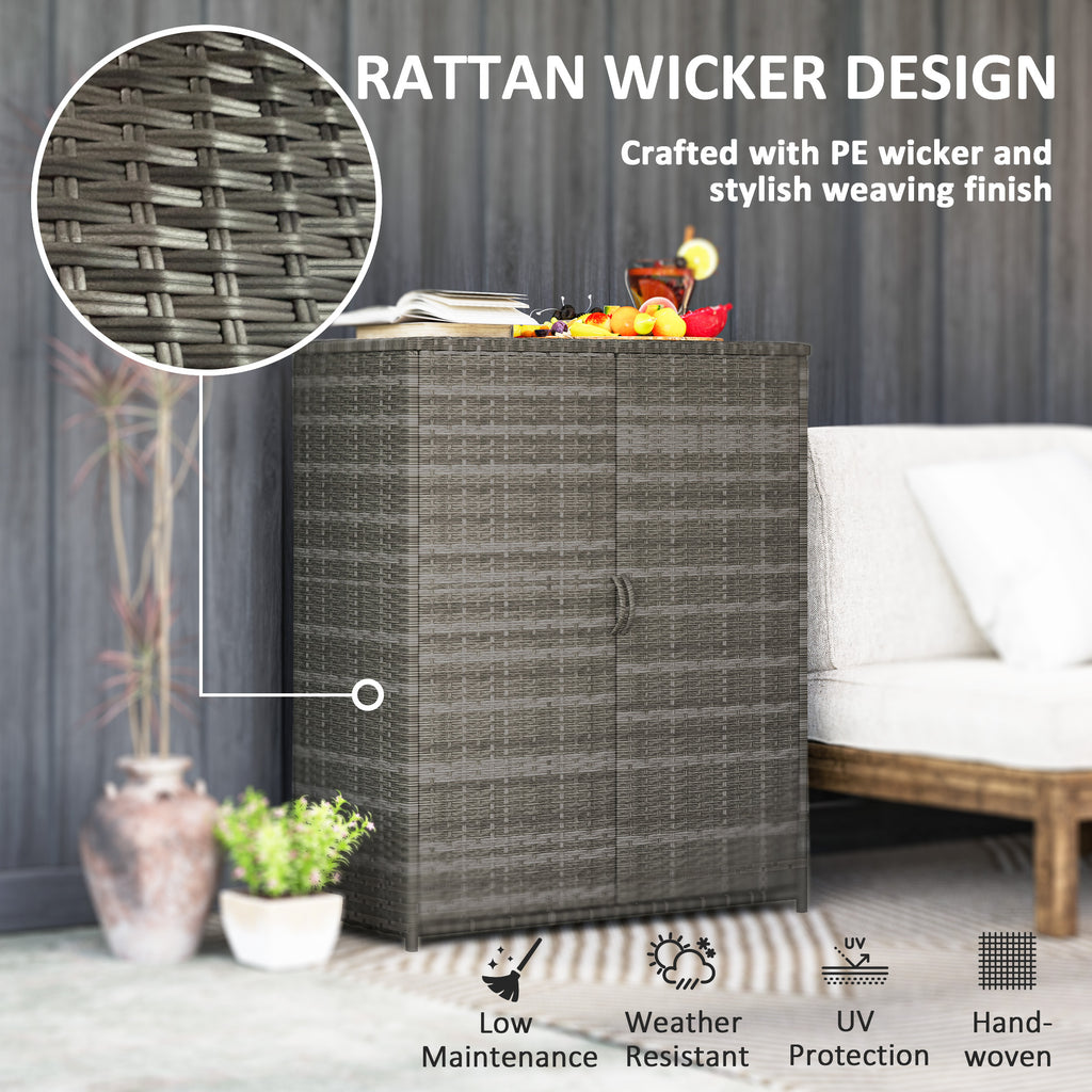 Rattan Wicker Outdoor Storage Cabinet with 4 Shelves and 2 Doors for Garden Pool Towel Storage, Mixed Gray