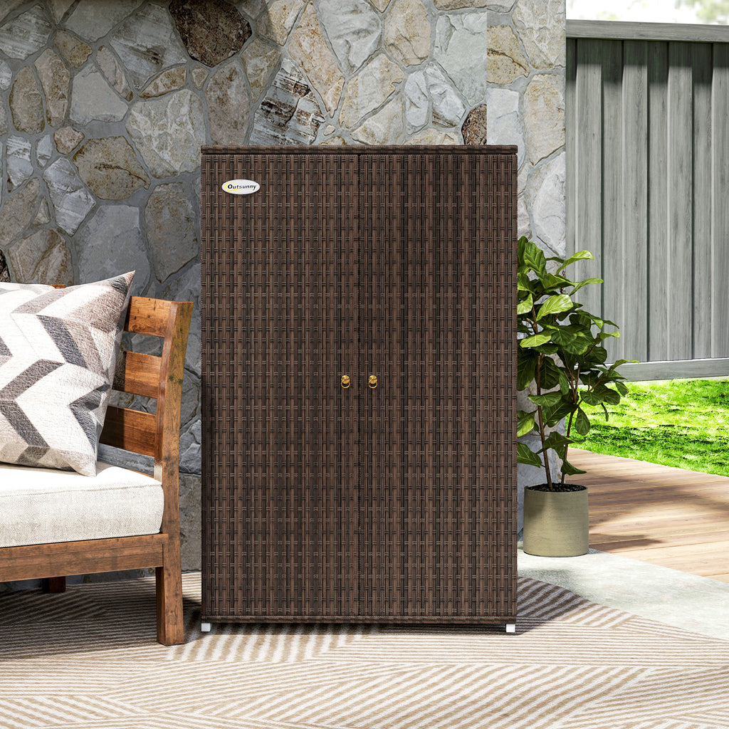 Outdoor Storage Cabinet with Shelves, Rattan Pool Towel Storage Cabinet with Removable Shelf & Drawer, Mixed Brown