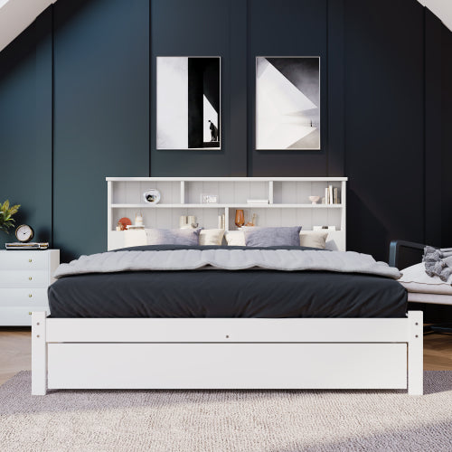 Bed With Shelves, White Wooden Storage Bed, Underbed Drawer - 4ft6 Double 135 X 190 Cm