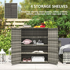 Rattan Wicker Outdoor Storage Cabinet with 4 Shelves and 2 Doors for Garden Pool Towel Storage, Mixed Gray