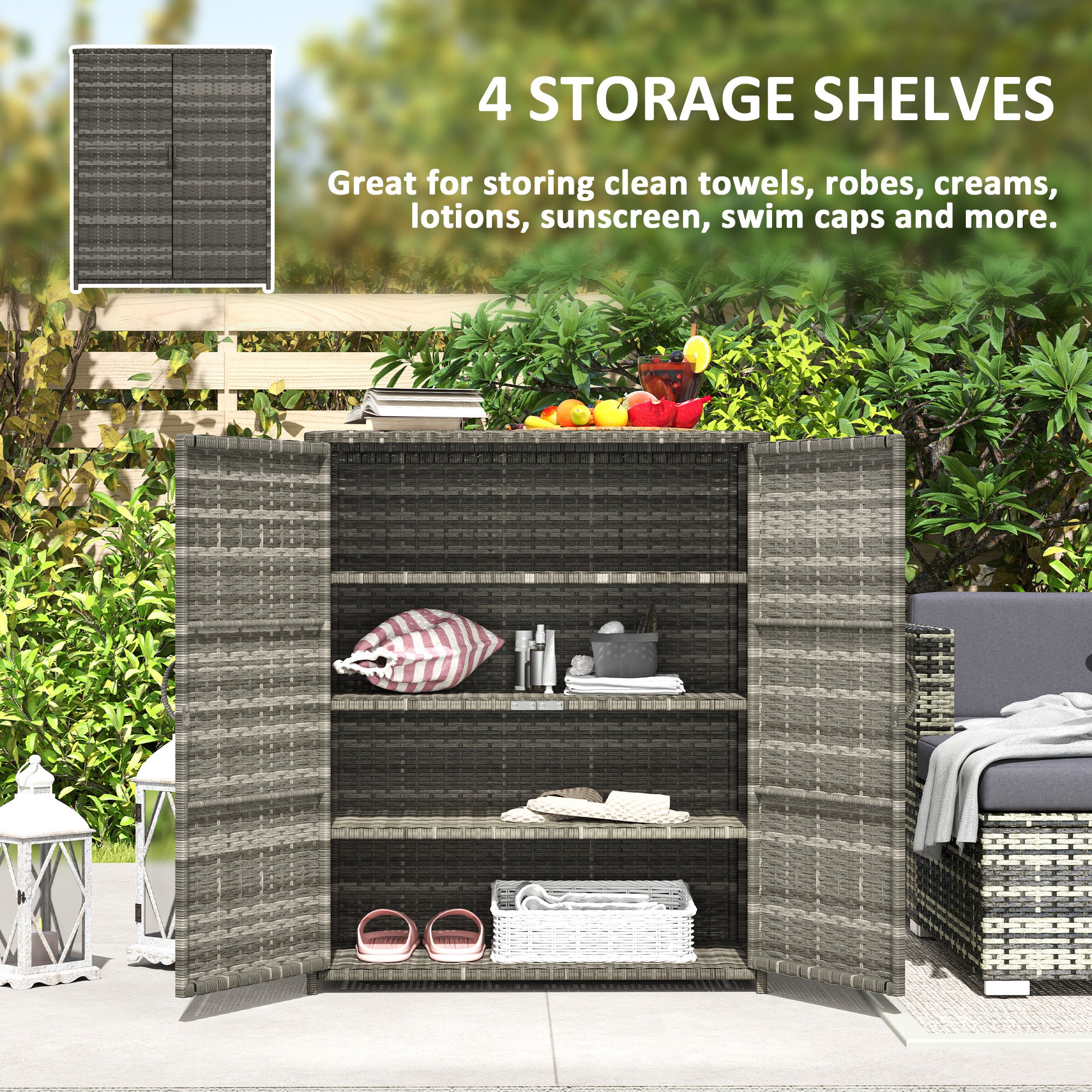 Rattan Wicker Outdoor Storage Cabinet with 4 Shelves and 2 Doors for Garden Pool Towel Storage, Mixed Gray