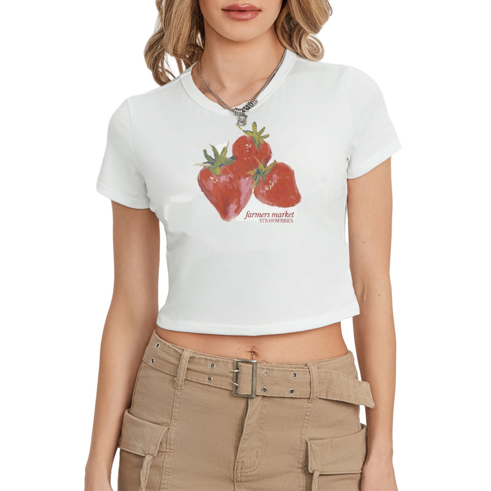 American Retro Crew Neck T-shirt Letter Print Navel