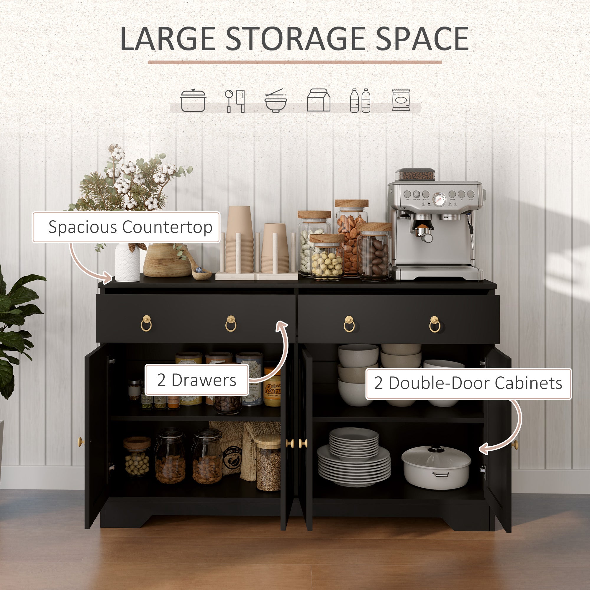 Kitchen Storage Sideboard, Farmhouse Buffet Cabinet with Barn Style Doors, Drawers, Adjustable Shelves, Black