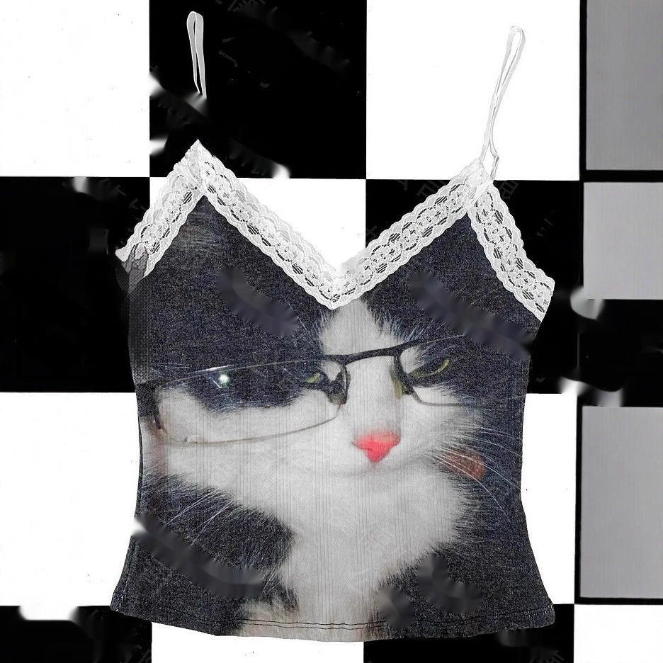 Casual Sassy Cropped V-neck Lace Patchwork Vest With A Cute Animal Print