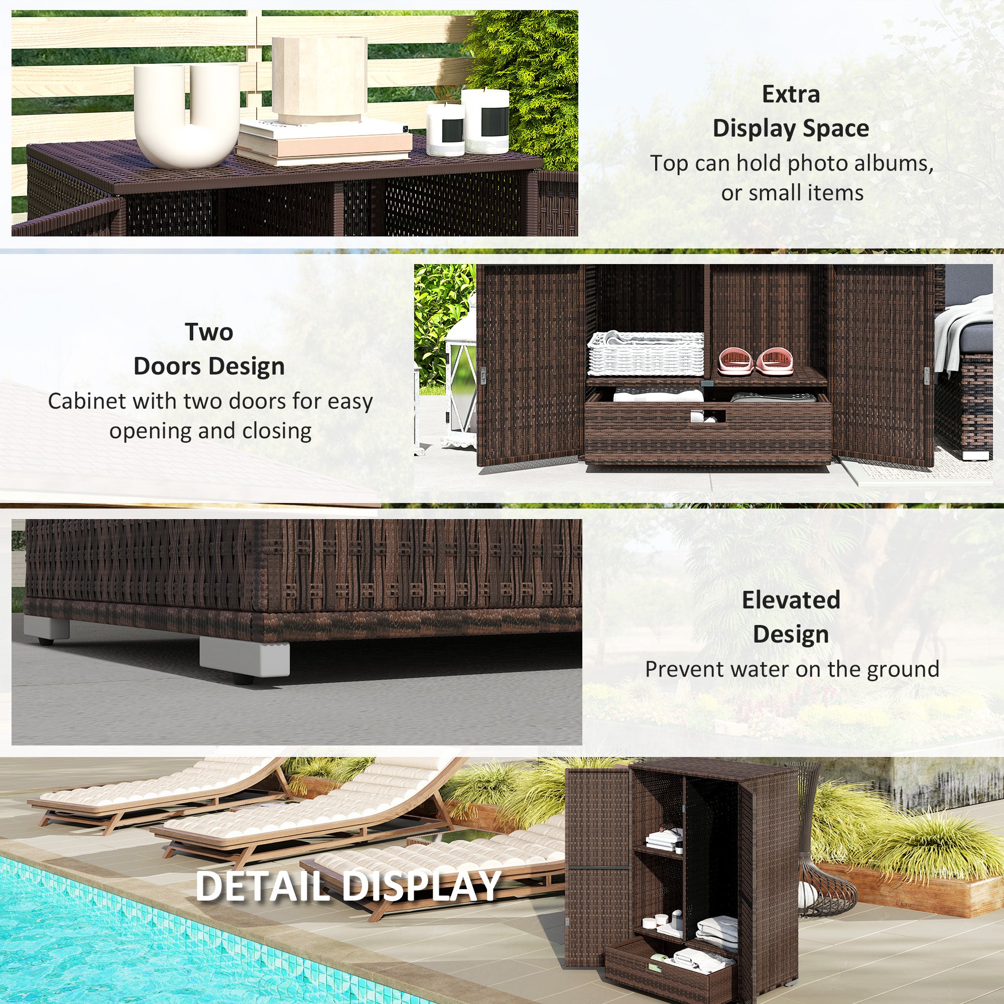 Outdoor Storage Cabinet with Shelves, Rattan Pool Towel Storage Cabinet with Removable Shelf & Drawer, Mixed Brown