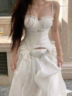 American Street Lace Stitching Ruffle Chest Strap Top Irregular Ribbon Fitted Waist Vest Bra