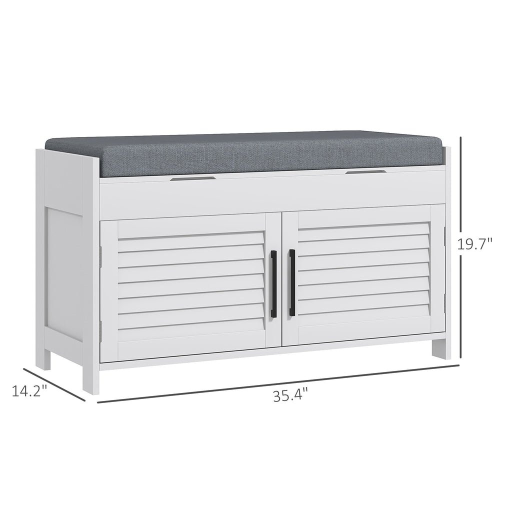 Shoe Storage Bench, Modern Entryway Bench with Cushion, Hidden Compartments, Adjustable Shelves, Shutter Doors, White