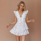 French Sweet Style Lace Stitching Flower Printed V-neck Short Sleeve Dress