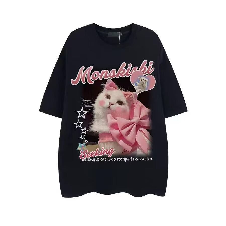 American Creative Loves And Cats Printed Loose Short Sleeve T-shirt