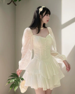 Solid Color Puff Sleeve Slim Chiffon French Cake Dress