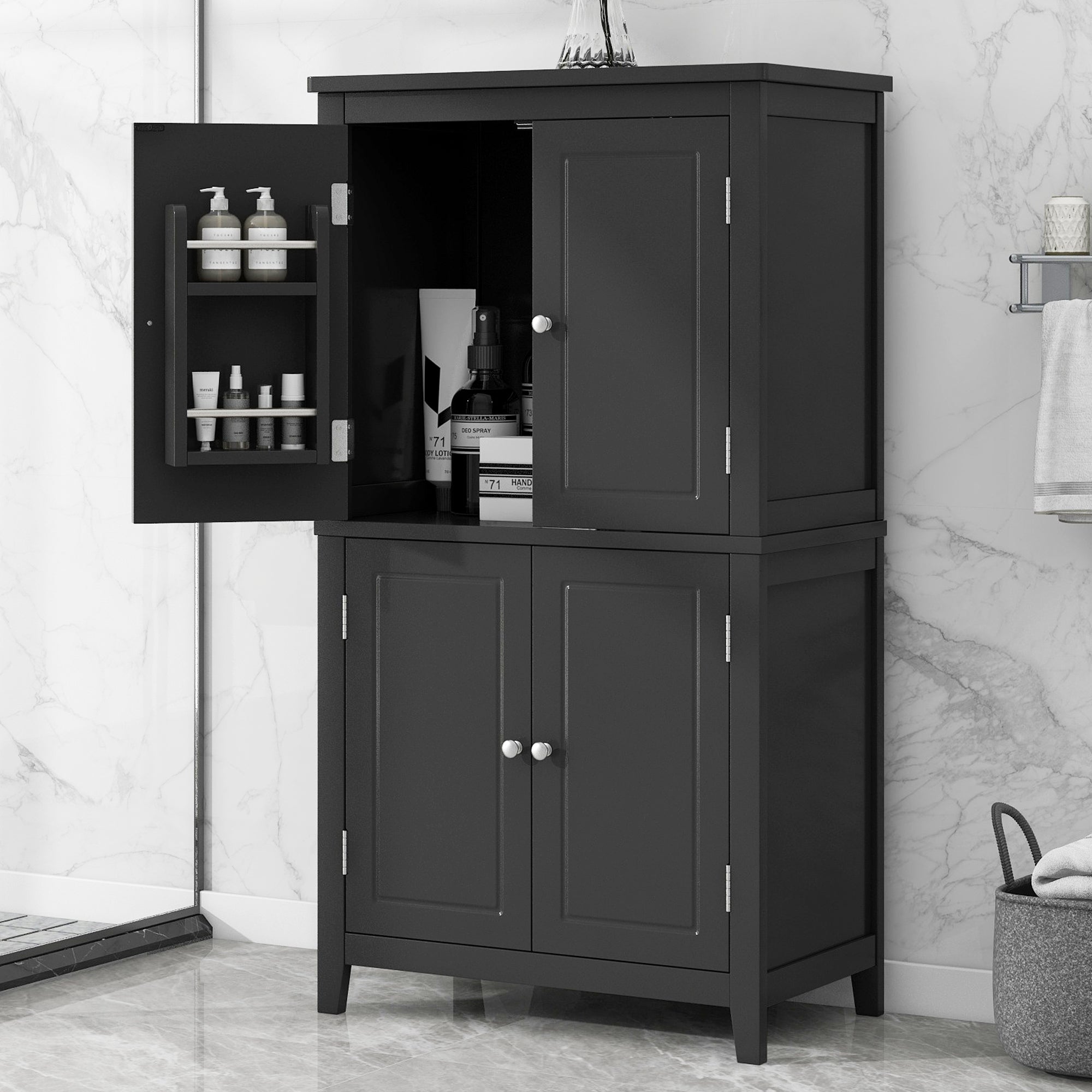 Elegant Bathroom Floor Storage Cabinet, Bathroom Storage Unit, Freestanding Cabinet With 4 Doors, Adjustable Shelves, Adaptable Shelves, Black