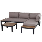 3 Pieces Garden Furniture Set, Aluminium 4 Seater Corner Sofa Set With 2 Loveseats, Coffee Table And Side Trays, Outdoor Conversation Furniture With Cushions For Garden, Black