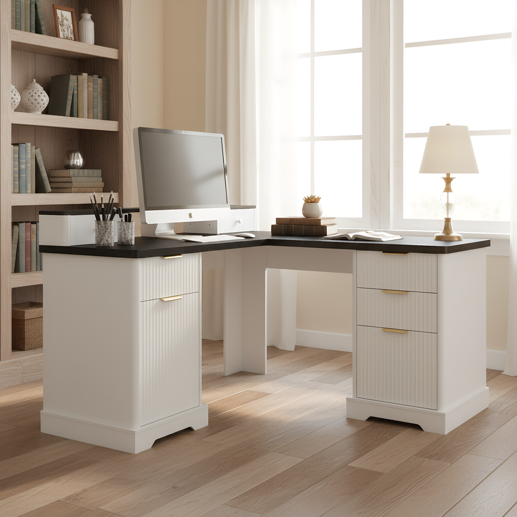 59 Modern Fluted L-Shaped Desk With Charging Station  Storage Cabinet - Home Office Computer Desk With Monitor Stand, File Drawer And Removable Support Shelf For Study, Home Office, White