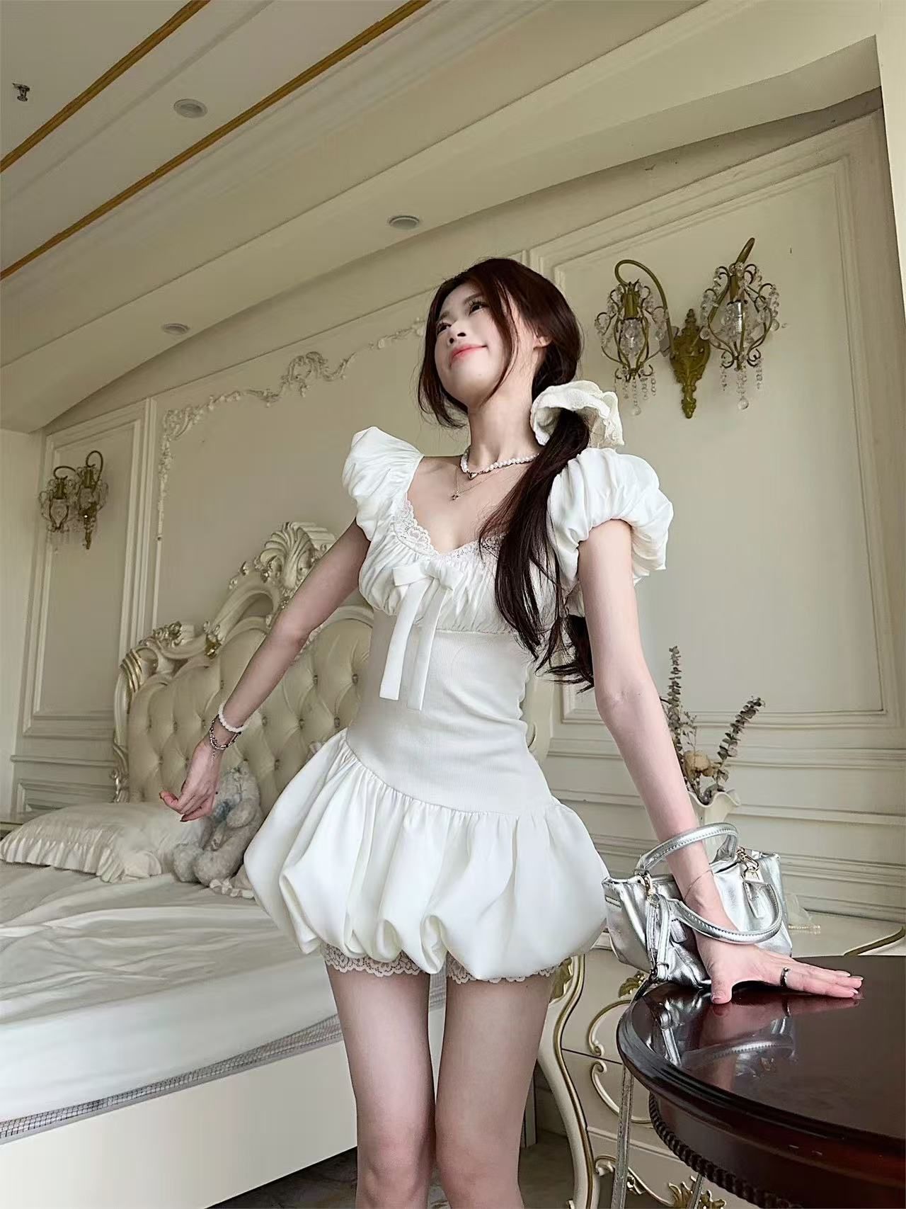 Womens French-style Bow-tie White Puff-sleeve Dress