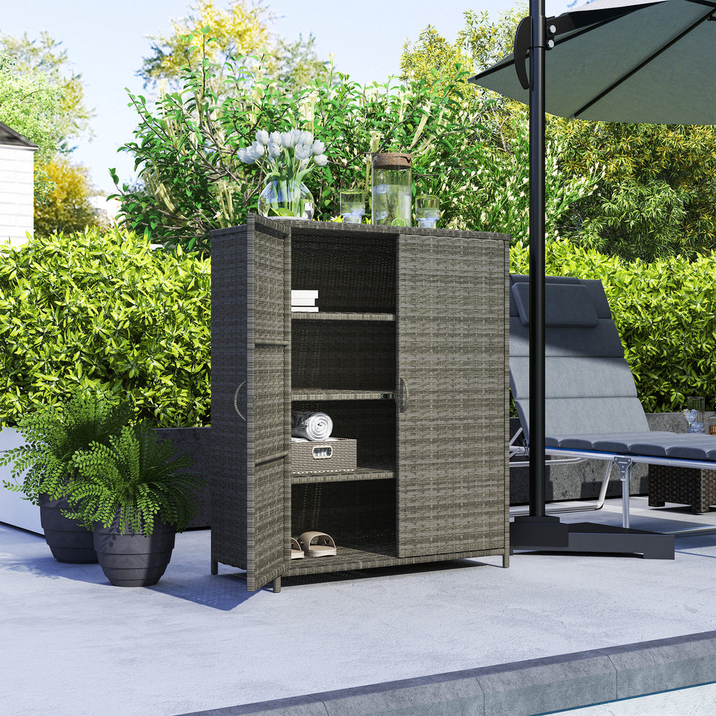 Rattan Wicker Outdoor Storage Cabinet with 4 Shelves and 2 Doors for Garden Pool Towel Storage, Mixed Gray