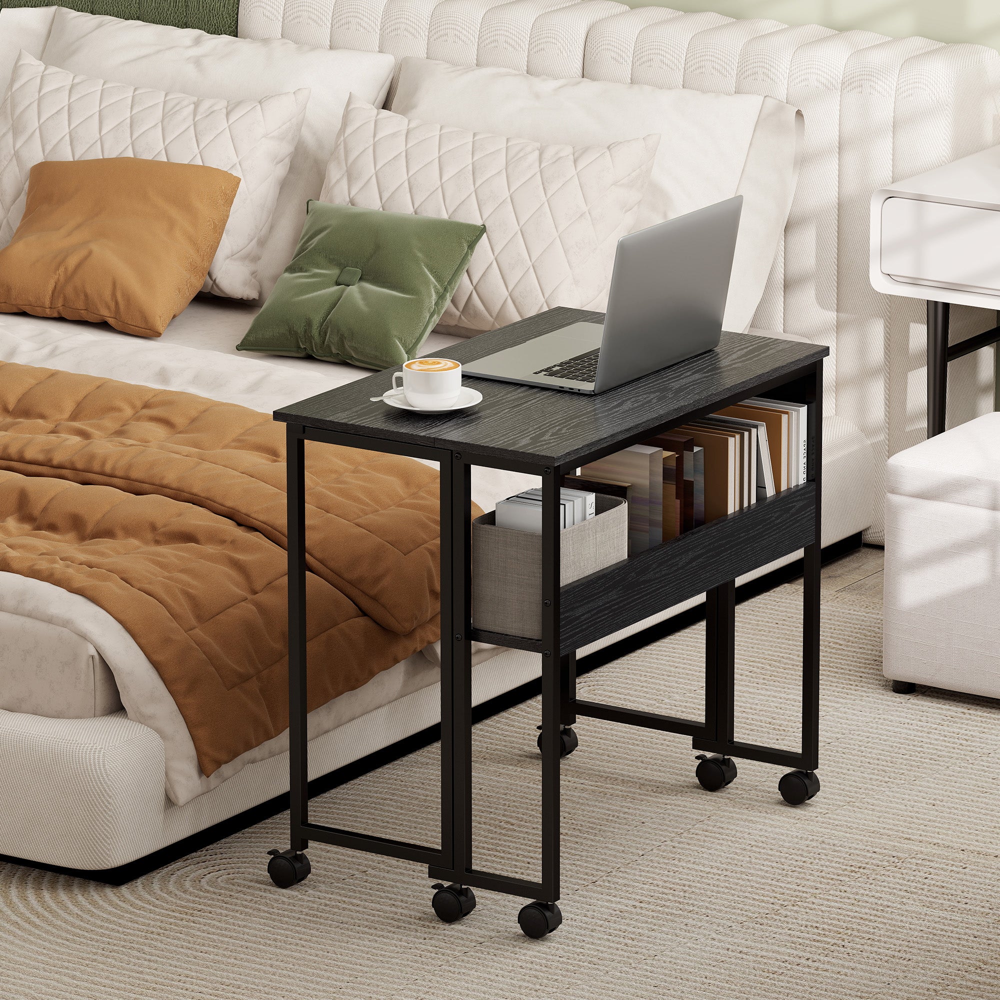 Folding Computer Desk, Foldable Desk with Storage Bag, Shelf and Wheels for Small Spaces, Home Office, Black