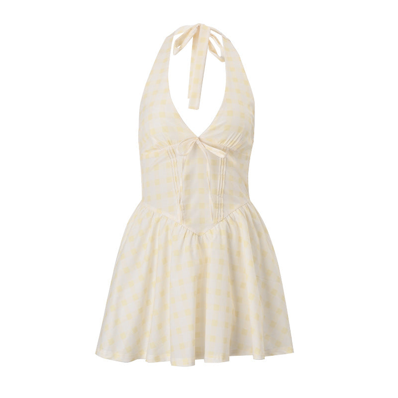 French Style V-neck Fashion Plaid Waist-tight Dress