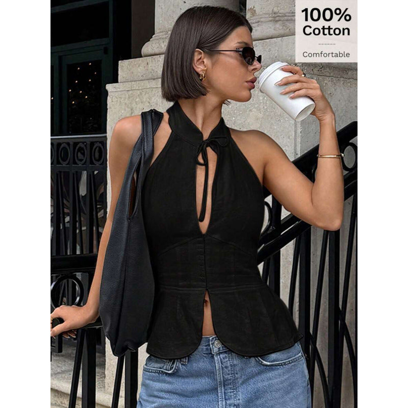 Women's Retro Lace-up Halter Neck Off-Shoulder Slim-fit Tank Top