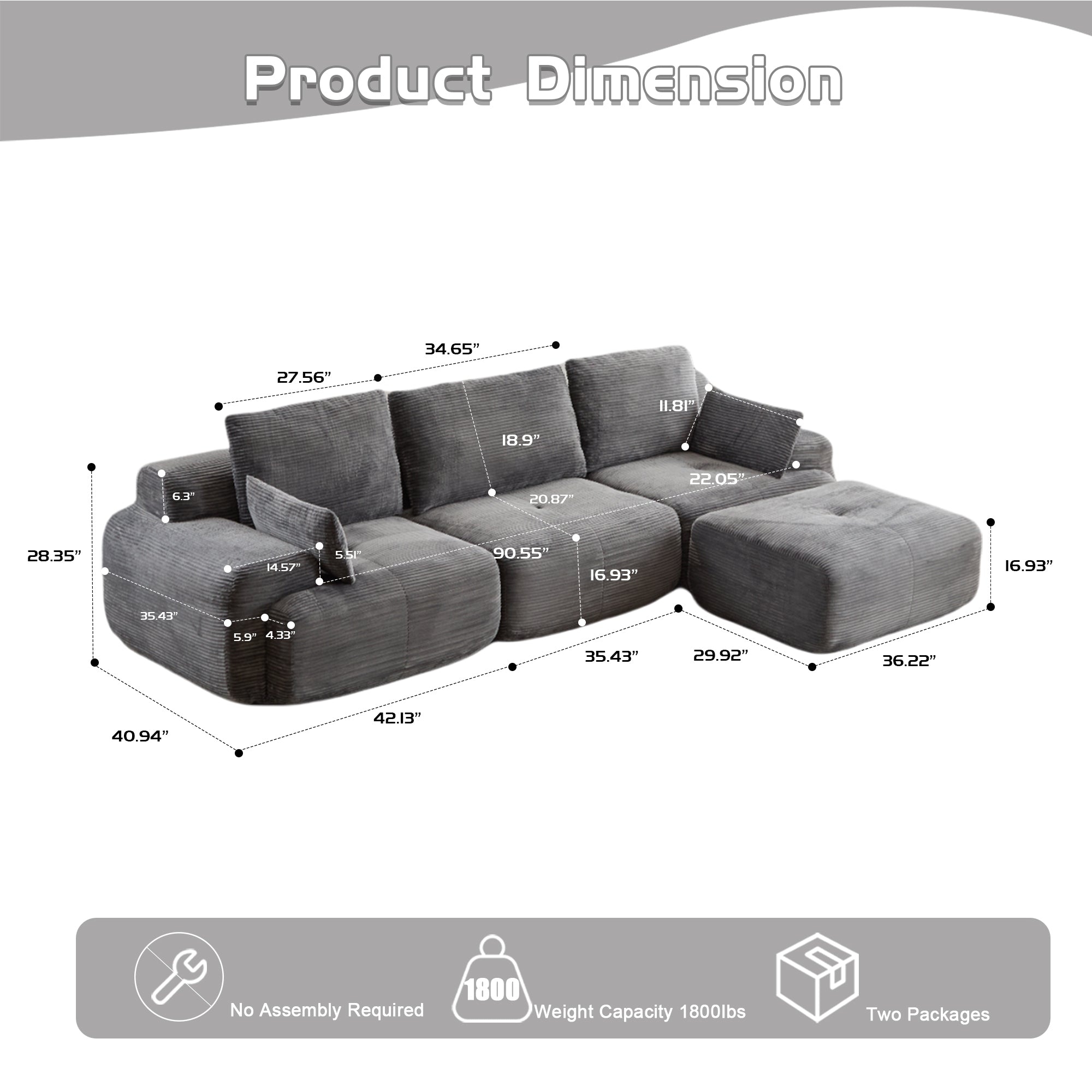 Modern Memory Foam Compressed Sofa,Large Sectional Couches For Living Room,Pet-Friendly Cloud Modular Sectional Sofa,Corduroy Fabric,Extra Deep Loveseat,No Assembly Required,GREY