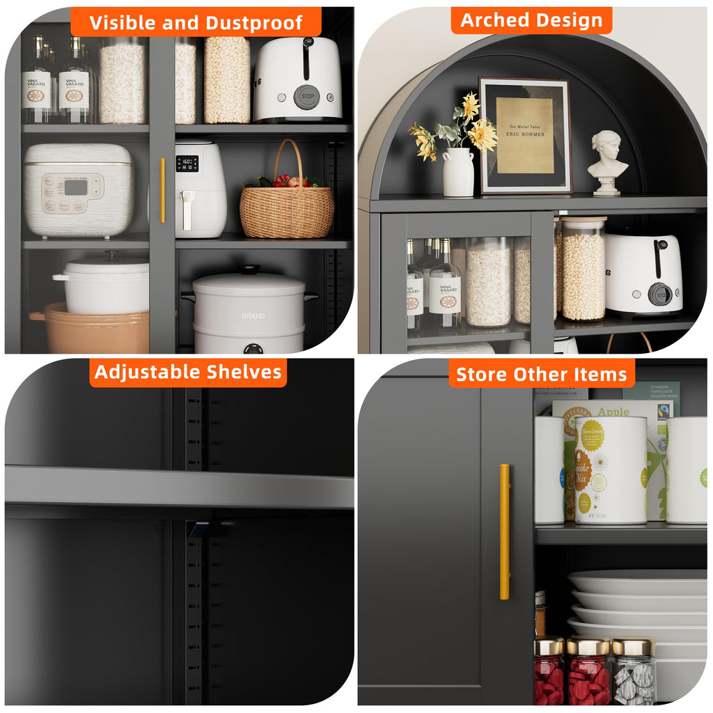 78.7inch H Metal Arched Cabinet,Kitchen Pantry Cabinet With Doors And Shelves, Arched Bookcase For Home Office Bar Living Room, Assemble Require,Black