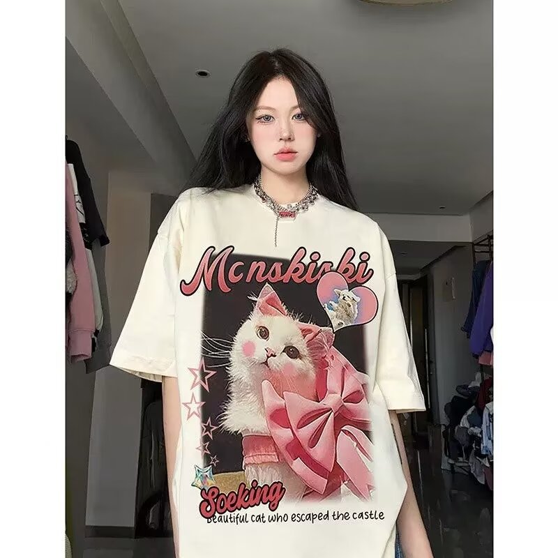 American Creative Loves And Cats Printed Loose Short Sleeve T-shirt