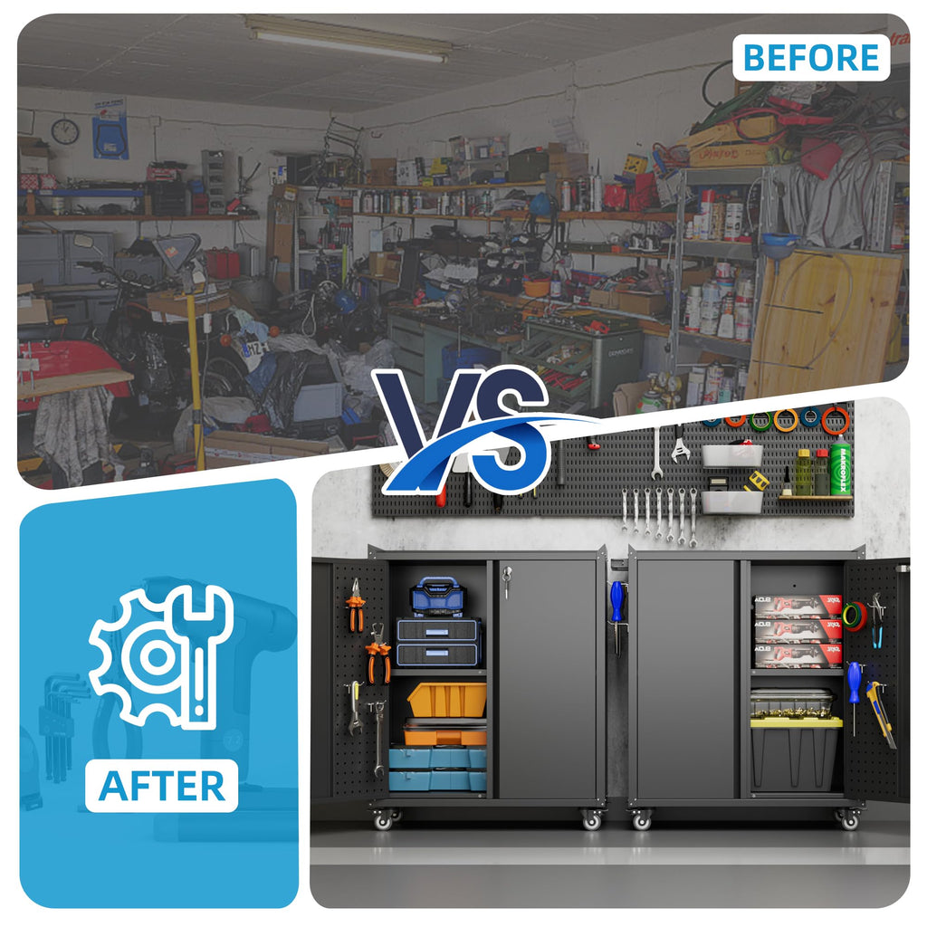 SUXXAN Metal Storage Cabinet With Wheels, Rolling Storage Cabinet With 2 Doors And Adjustable Shelves, Pegboard And 4 Hooks, Suitable For Garage, Home, Office, School, Black