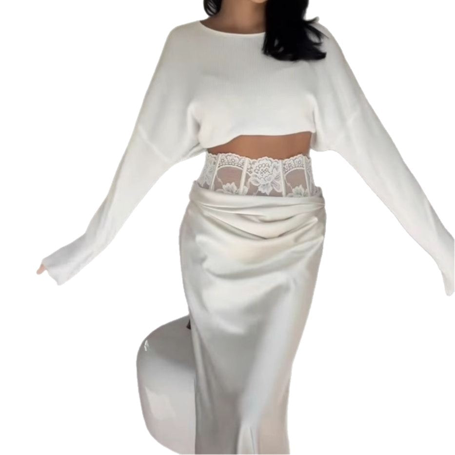 Women's New Fashion Sexy Lace Trim Satin Pencil Skirt