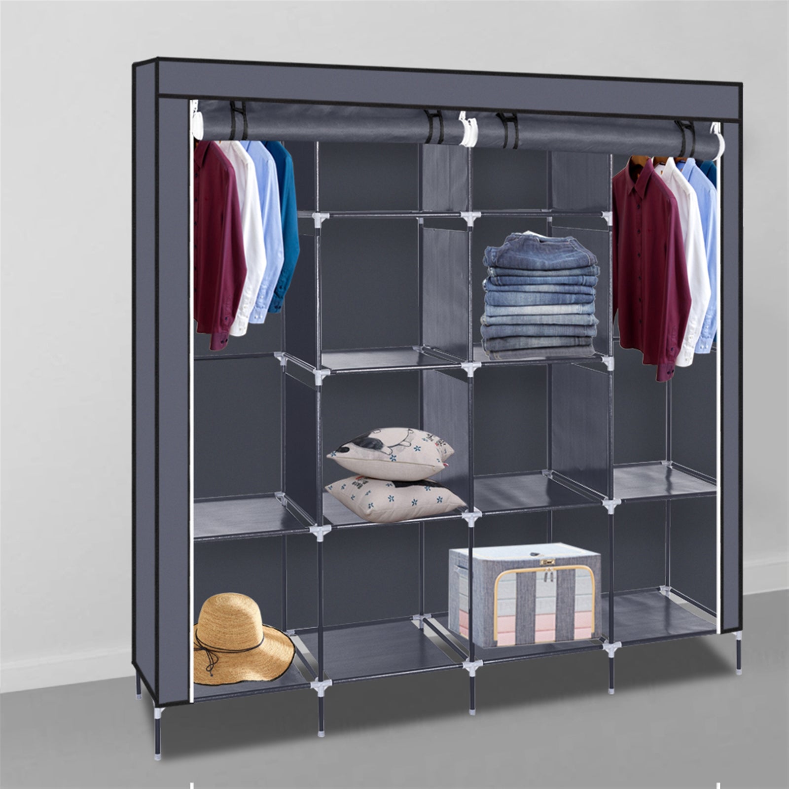 67 Inch Clothes Closet Portable Wardrobe Clothes Storage Rack 12 Shelves 4 Side Pockets Gray