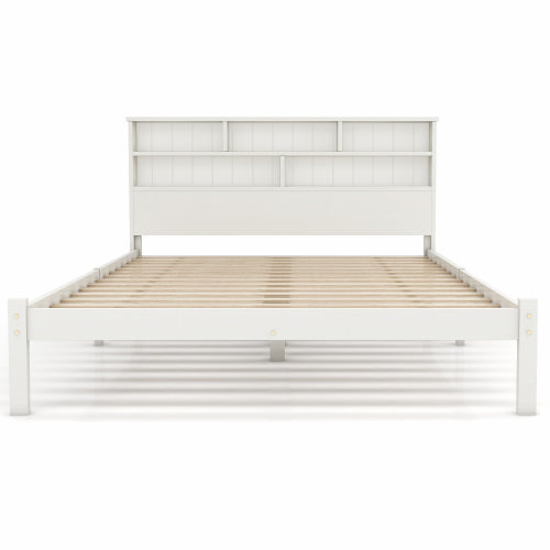 Bed With Shelves, White Wooden Storage Bed, Underbed Drawer - 4ft6 Double 135 X 190 Cm