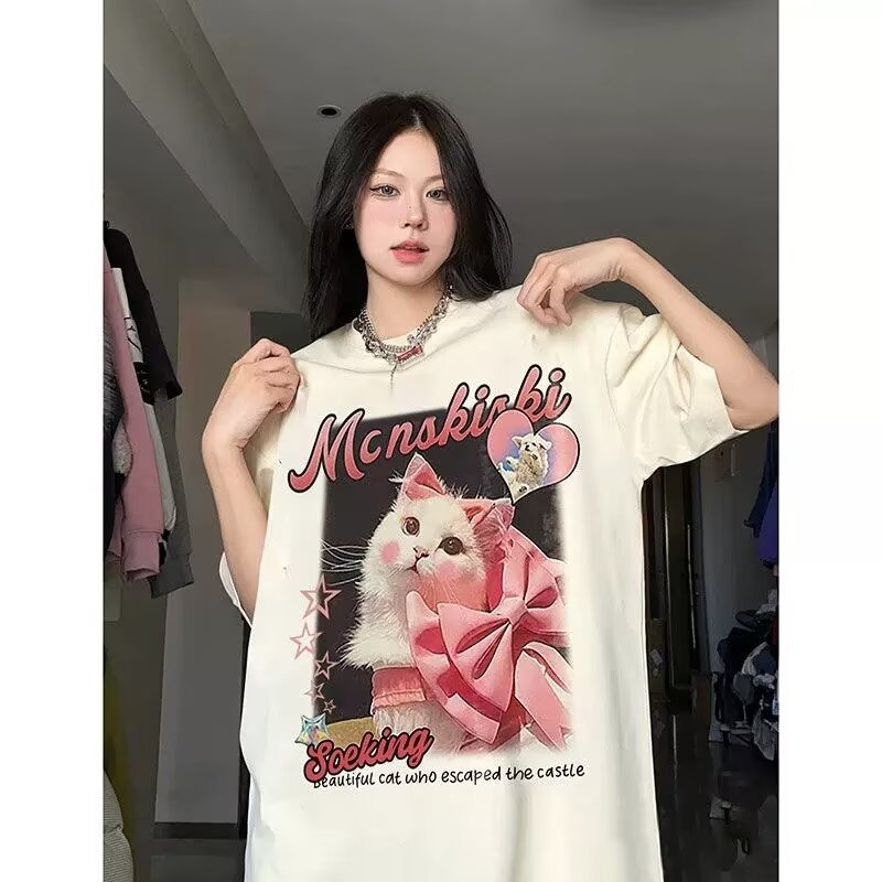 American Creative Loves And Cats Printed Loose Short Sleeve T-shirt