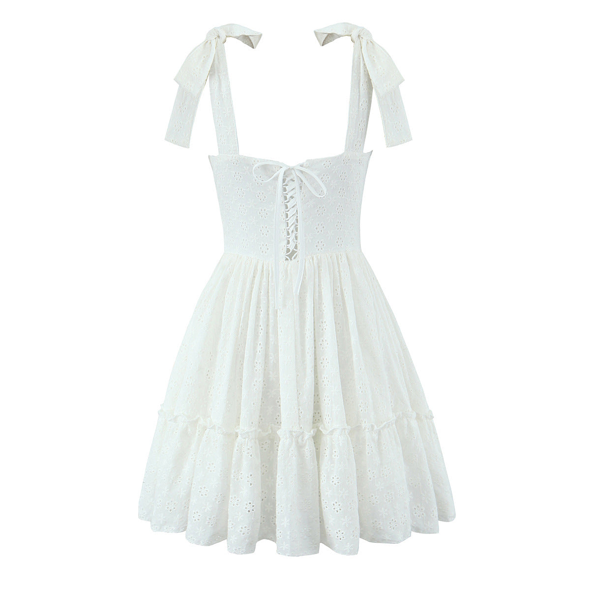 Sweet Cutout Embroidery Chic Lace Up Short Dress French Style V-neck