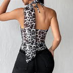 Womens Leopard-Print Printed Cami Top With Built-in Pads And Halter Neck Ties
