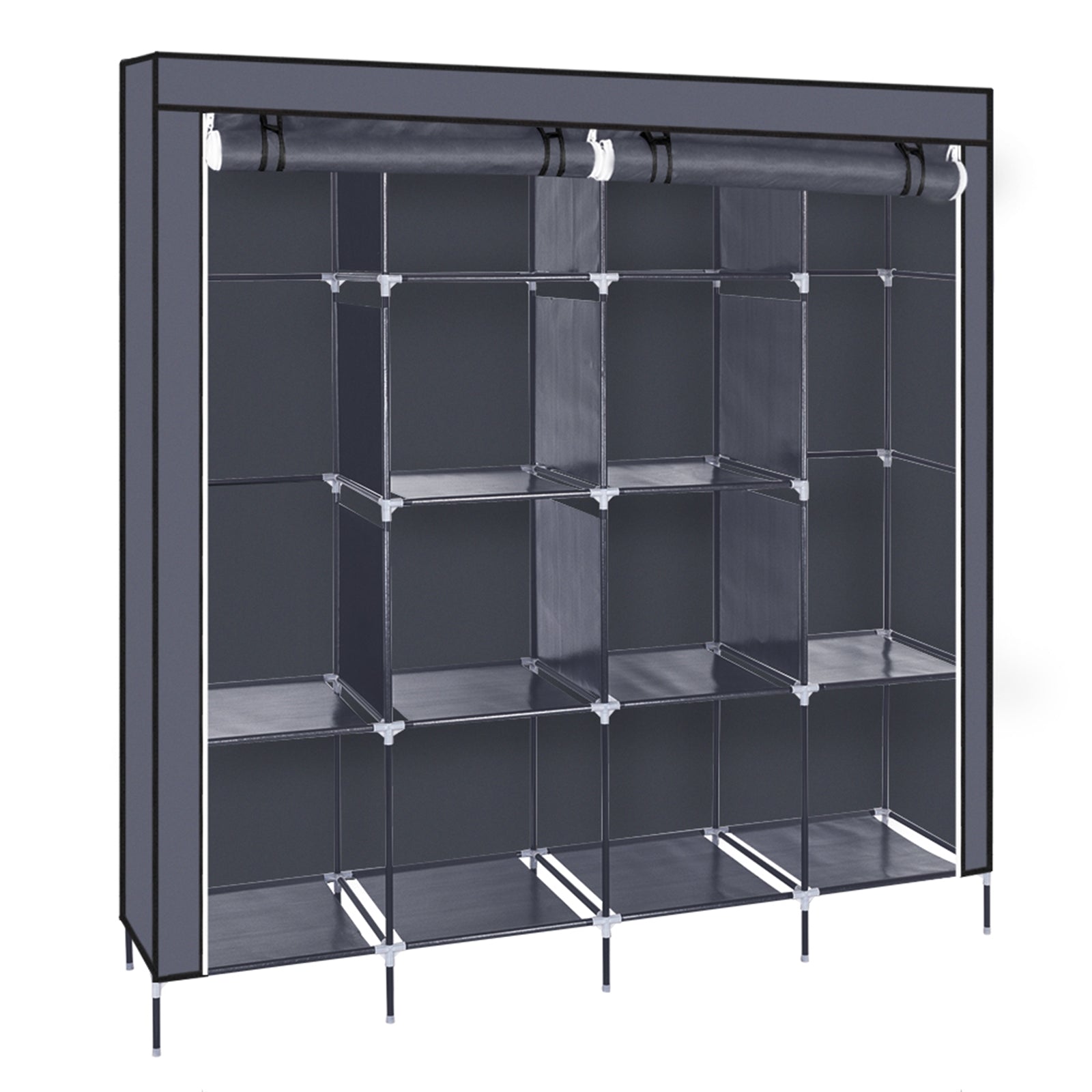 67 Inch Clothes Closet Portable Wardrobe Clothes Storage Rack 12 Shelves 4 Side Pockets Gray