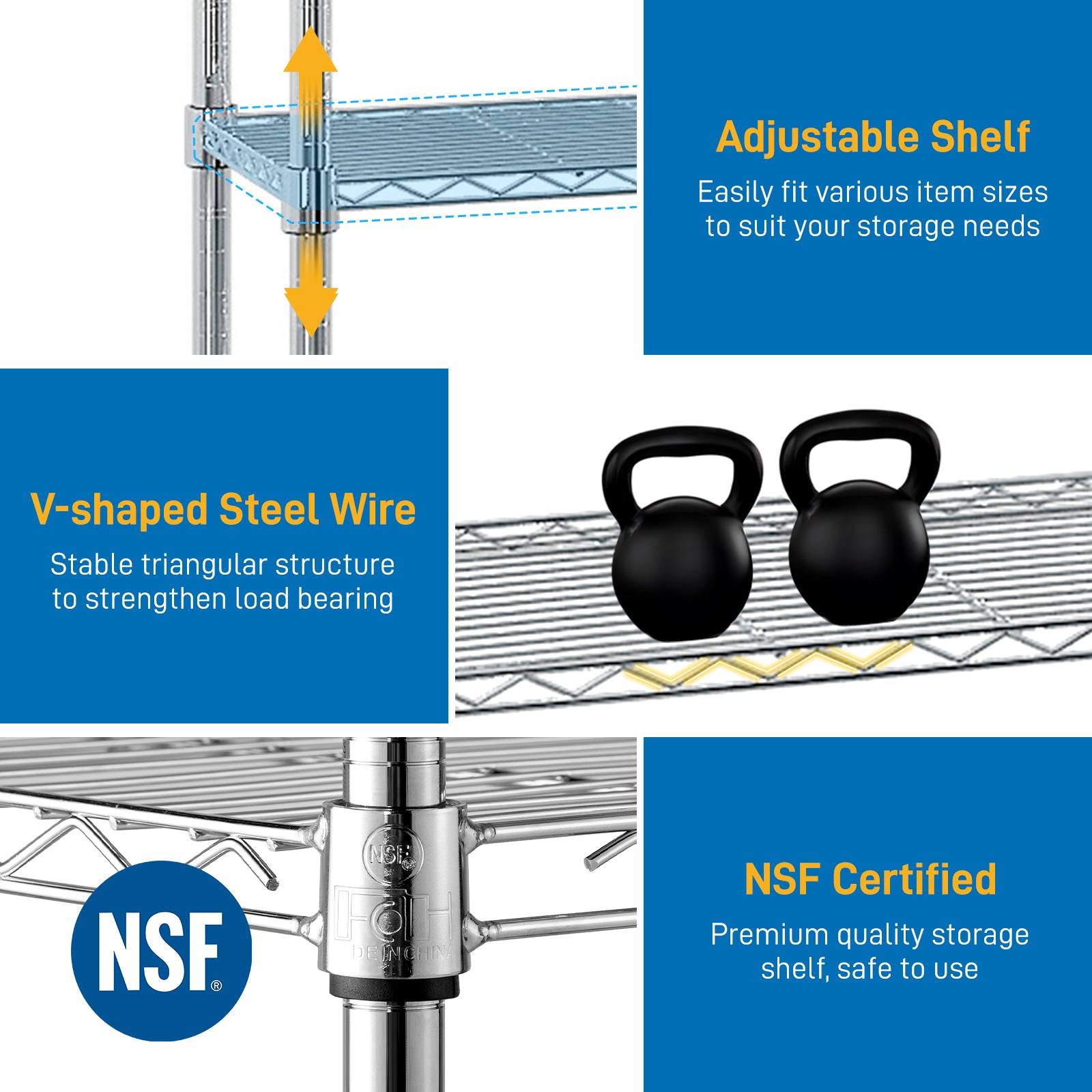 62.9''W Adjustable Storage Shelves NSF Wire Shelving Unit Multiple Rows Shelving For Storage Rack Shelves For Storage Heavy Duty Garage Shelf Pantry Shelves Kitchen Shelving,